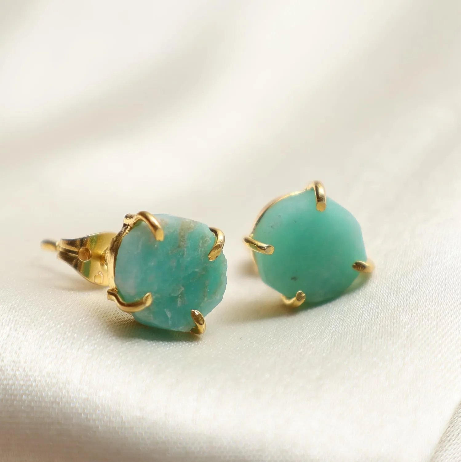 Gempires Natural Raw Green Amazonite Prong Setting Stud Earrings For Women Gemstone Handmade Everyday Wear Earrings Gifts For All Occasions