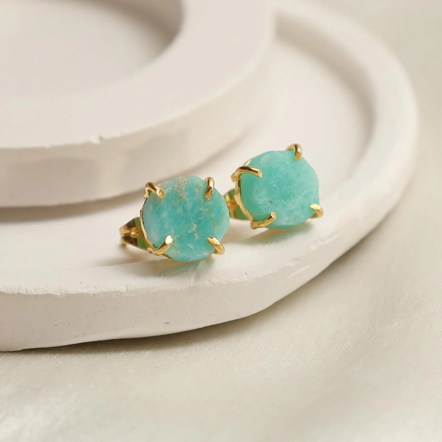 Gempires Natural Raw Green Amazonite Prong Setting Stud Earrings For Women Gemstone Handmade Everyday Wear Earrings Gifts For All Occasions