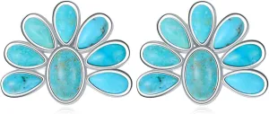 Genuine Turquoise Stud Earrings 925 Sterling Silver Real Turquoise Squash Blossom Earring Bohemian Tribes Jewelry Gift for Women