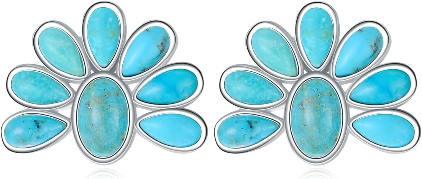 Genuine Turquoise Stud Earrings 925 Sterling Silver Real Turquoise Squash Blossom Earring Bohemian Tribes Jewelry Gift for Women