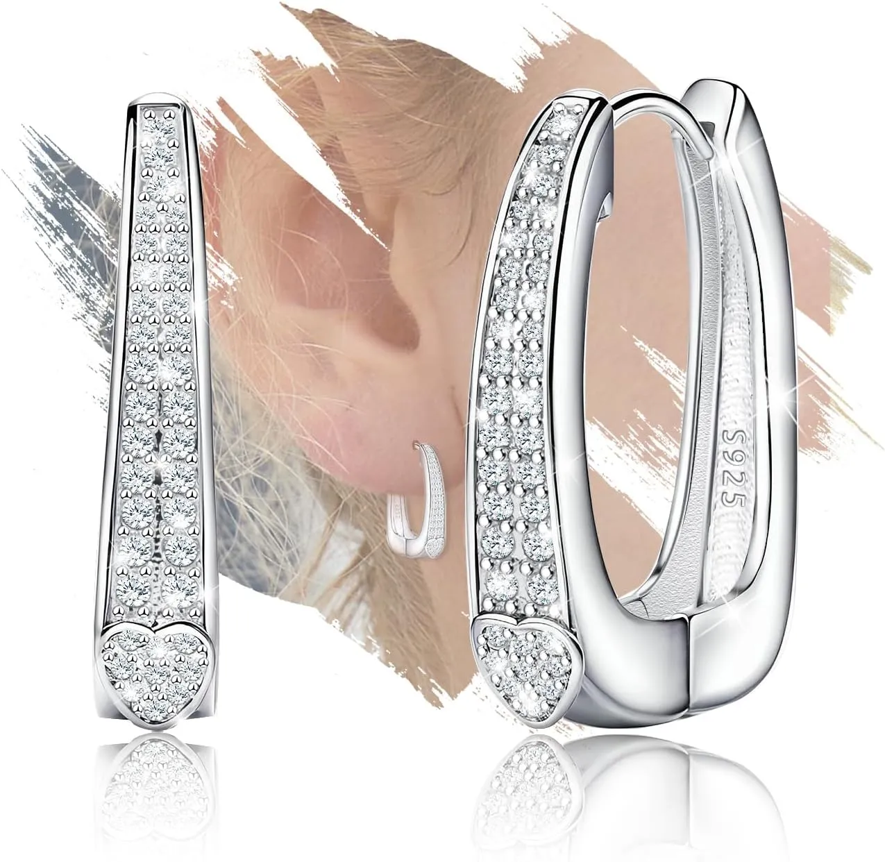 Geometric Hoop Earrings for Women - Sterling Silver Geometric Chunky Earrings Hypoallergenic Cubic Zirconia Fashion Chunky Hoop Earrings for Sensitive Ears for Women