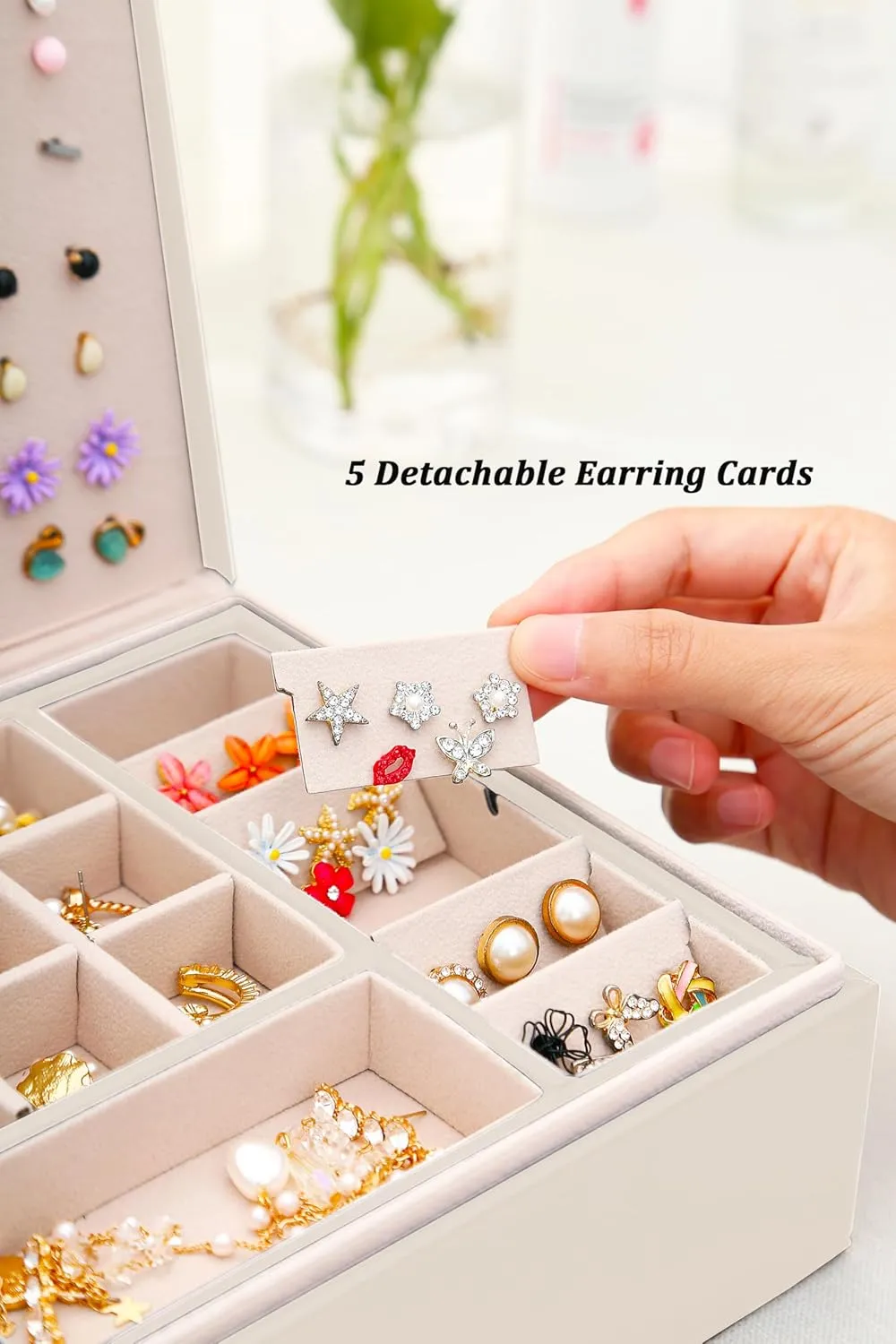 Girls Jewelry Box Earring Holder Organizer for Girls Jewelry Organizer Box Stud Earrings Organizer for Girls Womens Beige Jewelry Box for Earrings and Necklaces Rings Stud Earring Box for Teen