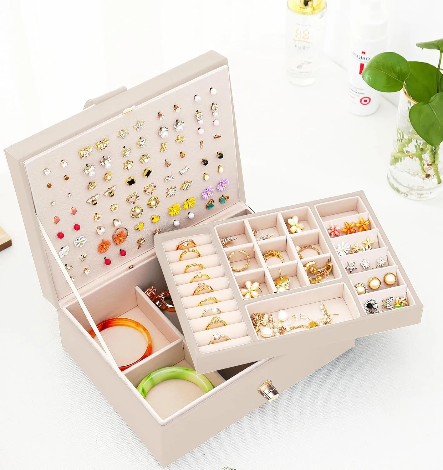Girls Jewelry Box Earring Holder Organizer for Girls Jewelry Organizer Box Stud Earrings Organizer for Girls Womens Beige Jewelry Box for Earrings and Necklaces Rings Stud Earring Box for Teen