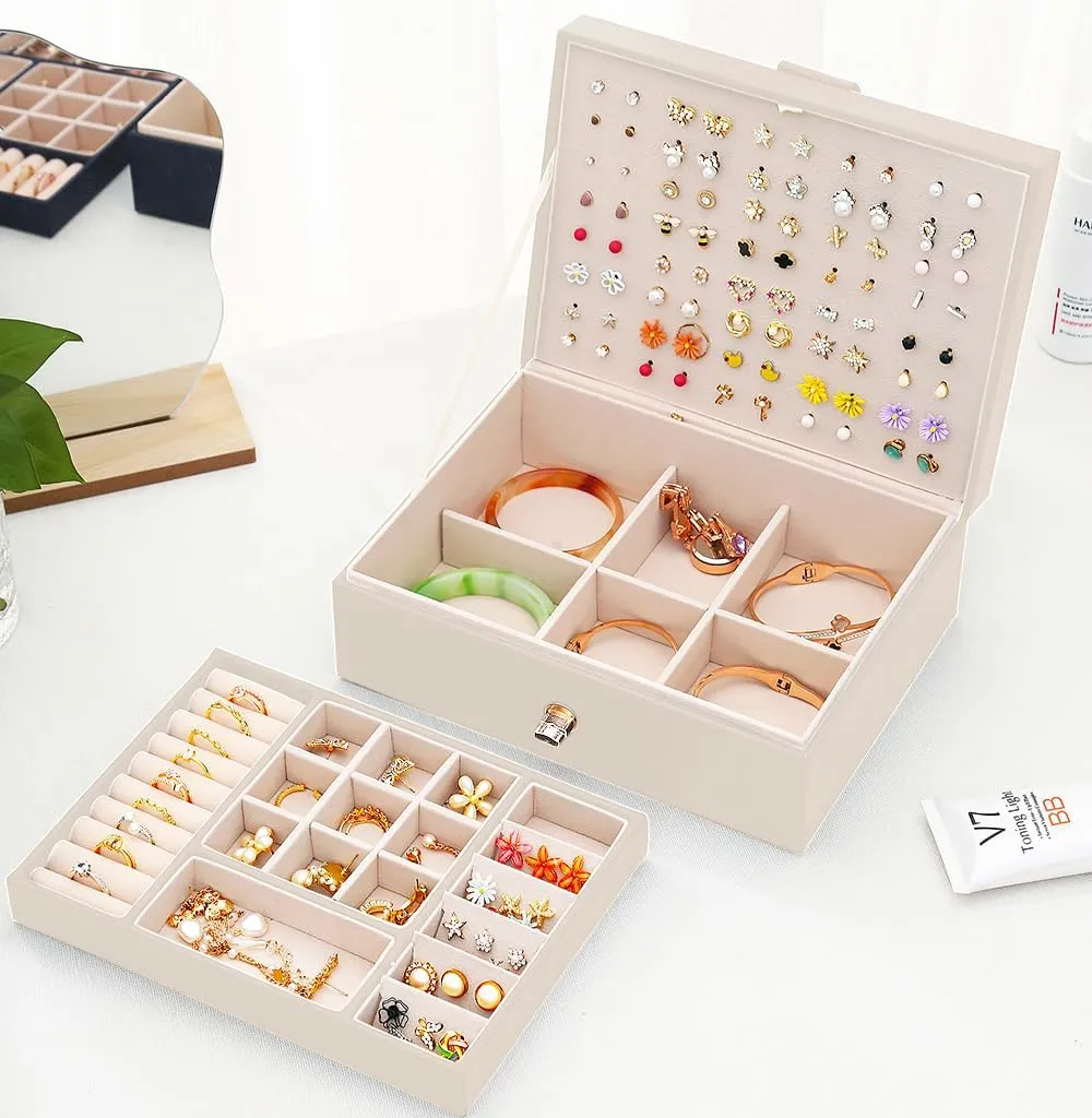 Girls Jewelry Box Earring Holder Organizer for Girls Jewelry Organizer Box Stud Earrings Organizer for Girls Womens Beige Jewelry Box for Earrings and Necklaces Rings Stud Earring Box for Teen