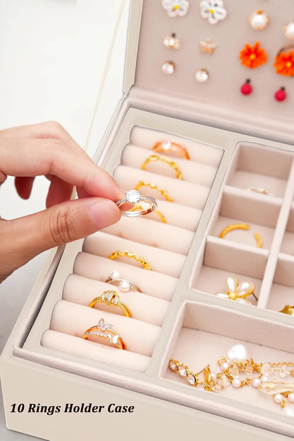 Girls Jewelry Box Earring Holder Organizer for Girls Jewelry Organizer Box Stud Earrings Organizer for Girls Womens Beige Jewelry Box for Earrings and Necklaces Rings Stud Earring Box for Teen