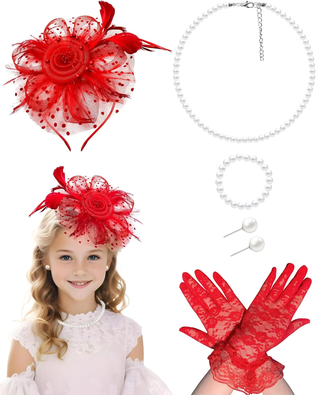 Girls Tea Party Fascinators Hats with Lace Gloves Pearl Necklace Earring Jewelry for Tea Party Wedding Accessories