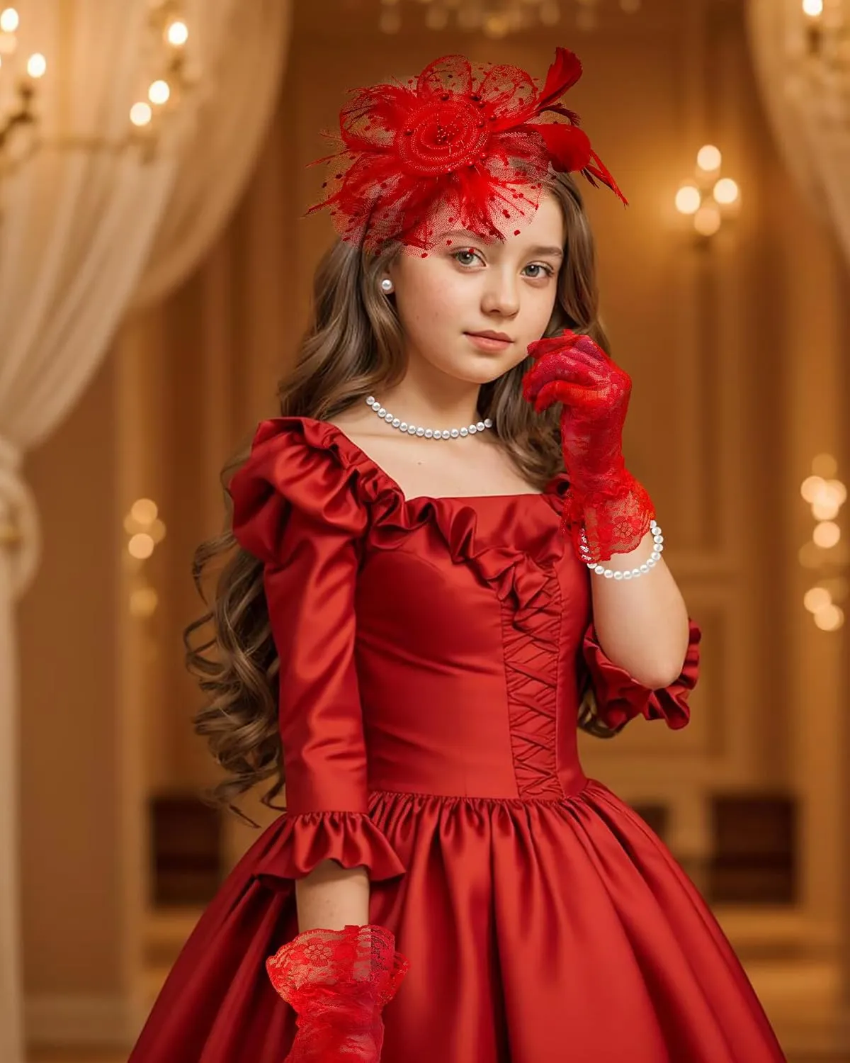 Girls Tea Party Fascinators Hats with Lace Gloves Pearl Necklace Earring Jewelry for Tea Party Wedding Accessories