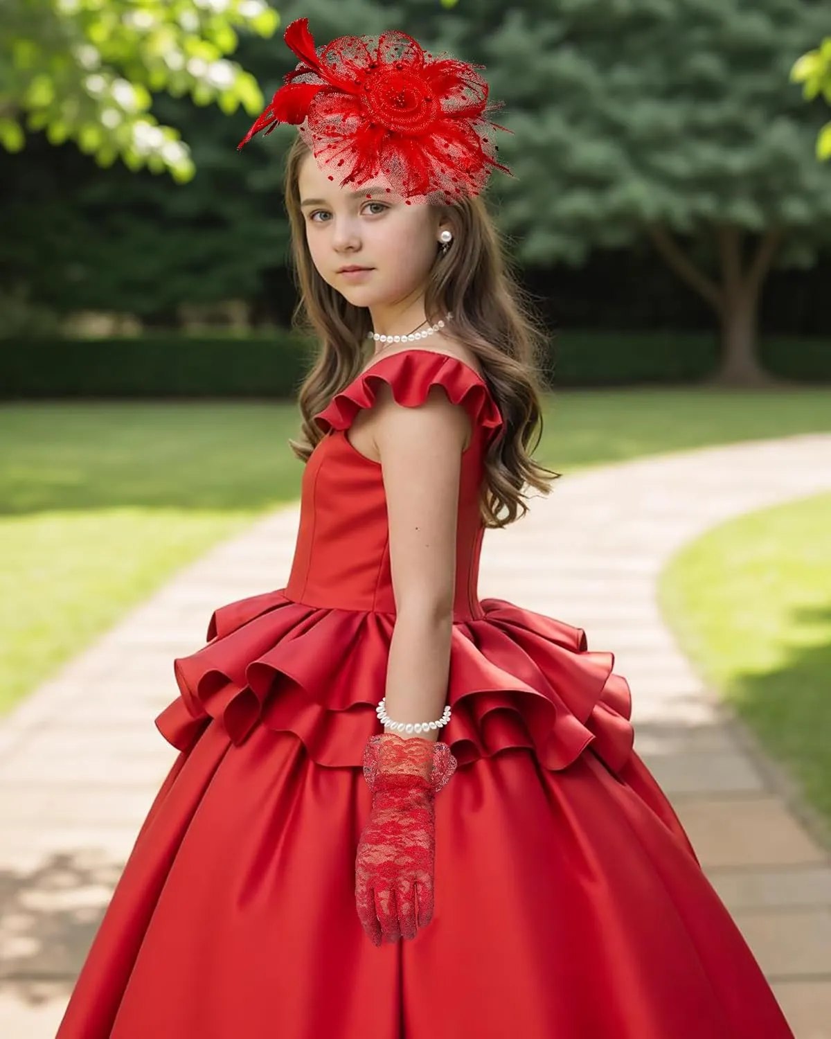 Girls Tea Party Fascinators Hats with Lace Gloves Pearl Necklace Earring Jewelry for Tea Party Wedding Accessories