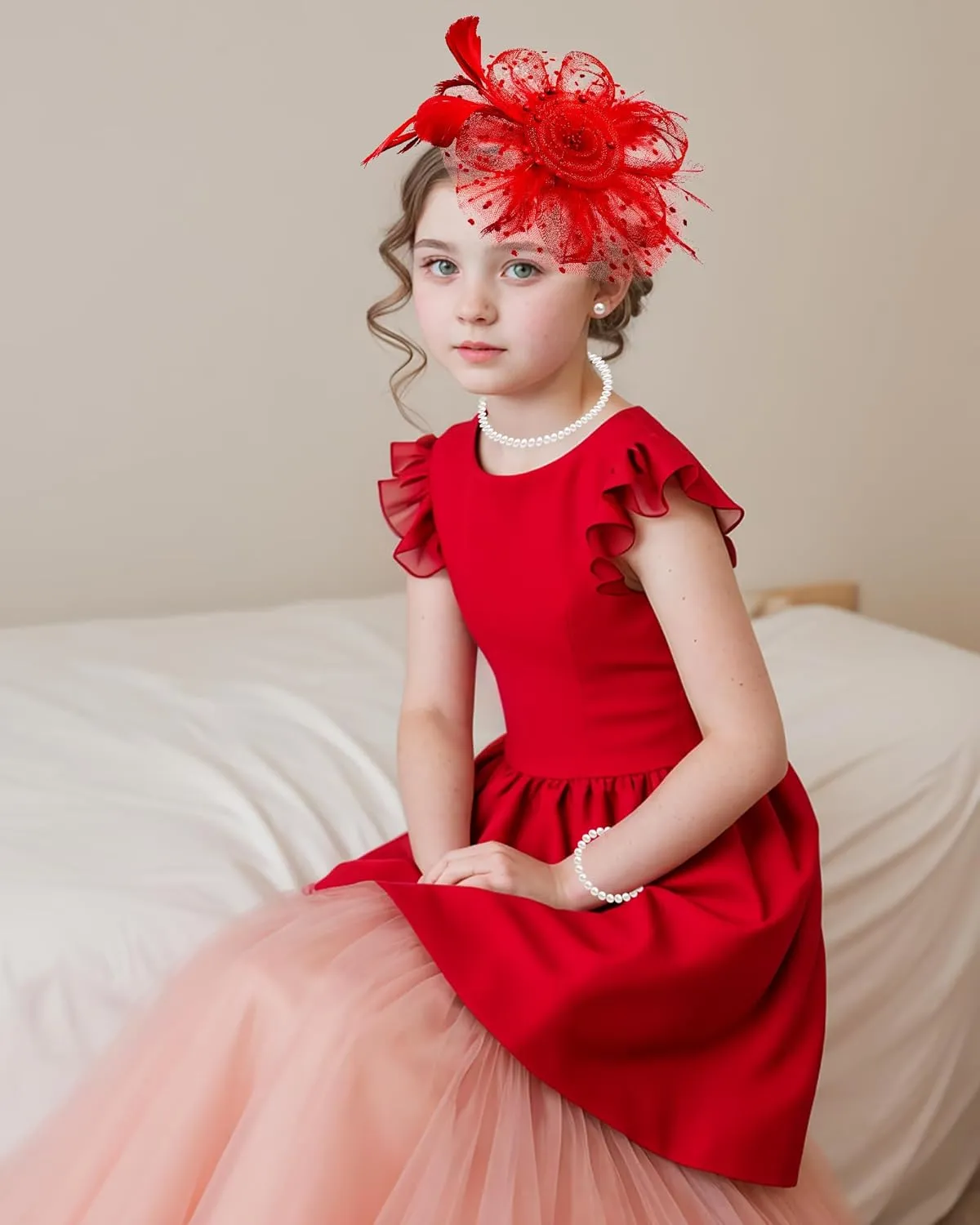 Girls Tea Party Fascinators Hats with Lace Gloves Pearl Necklace Earring Jewelry for Tea Party Wedding Accessories