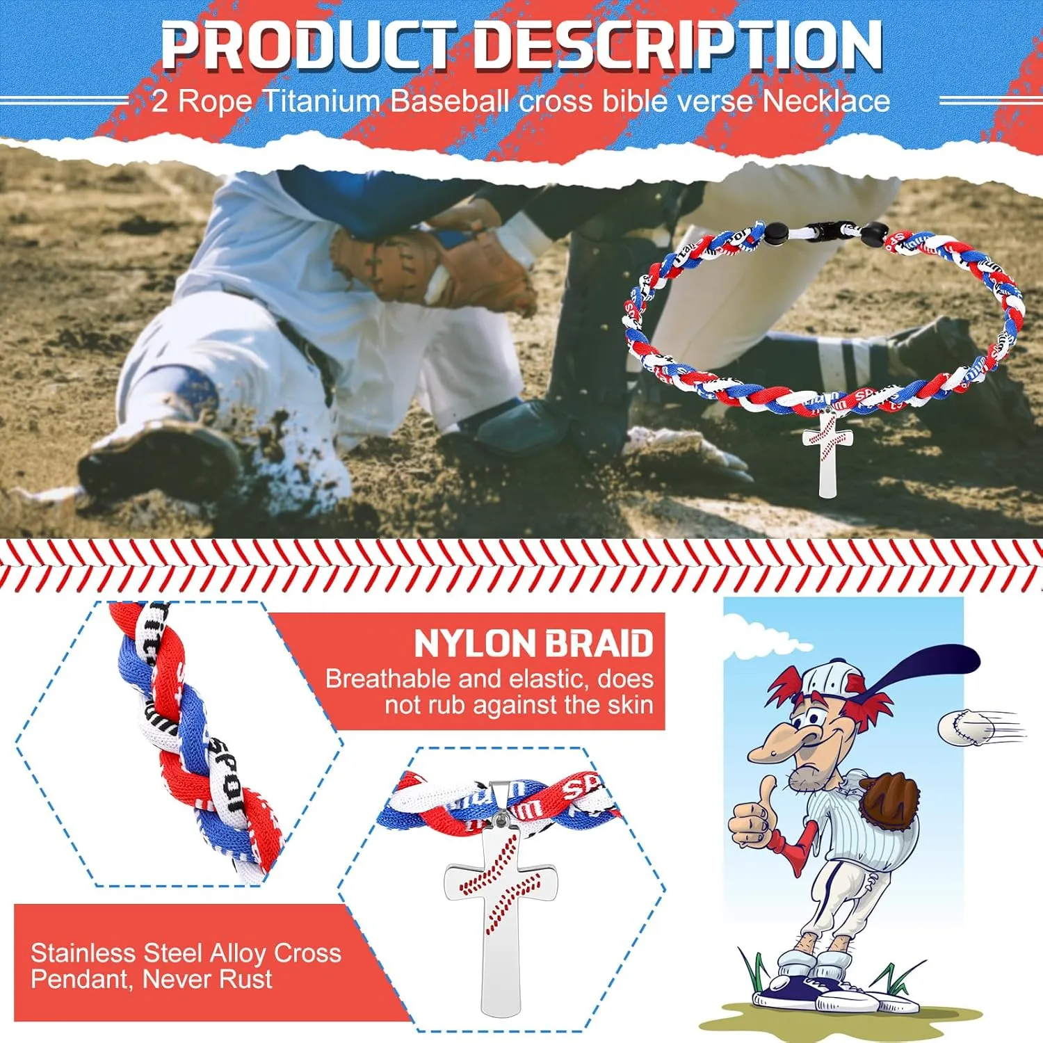 Glenmal 2 Rope Baseball Cross Necklace Boys Baseball Titanium Necklace Stainless Steel Cross Pendant Sports Braided Tornado Baseball Necklace Gifts for Men Kids, 20 Inches