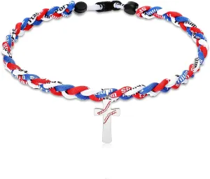 Glenmal 2 Rope Baseball Cross Necklace Boys Baseball Titanium Necklace Stainless Steel Cross Pendant Sports Braided Tornado Baseball Necklace Gifts for Men Kids, 20 Inches