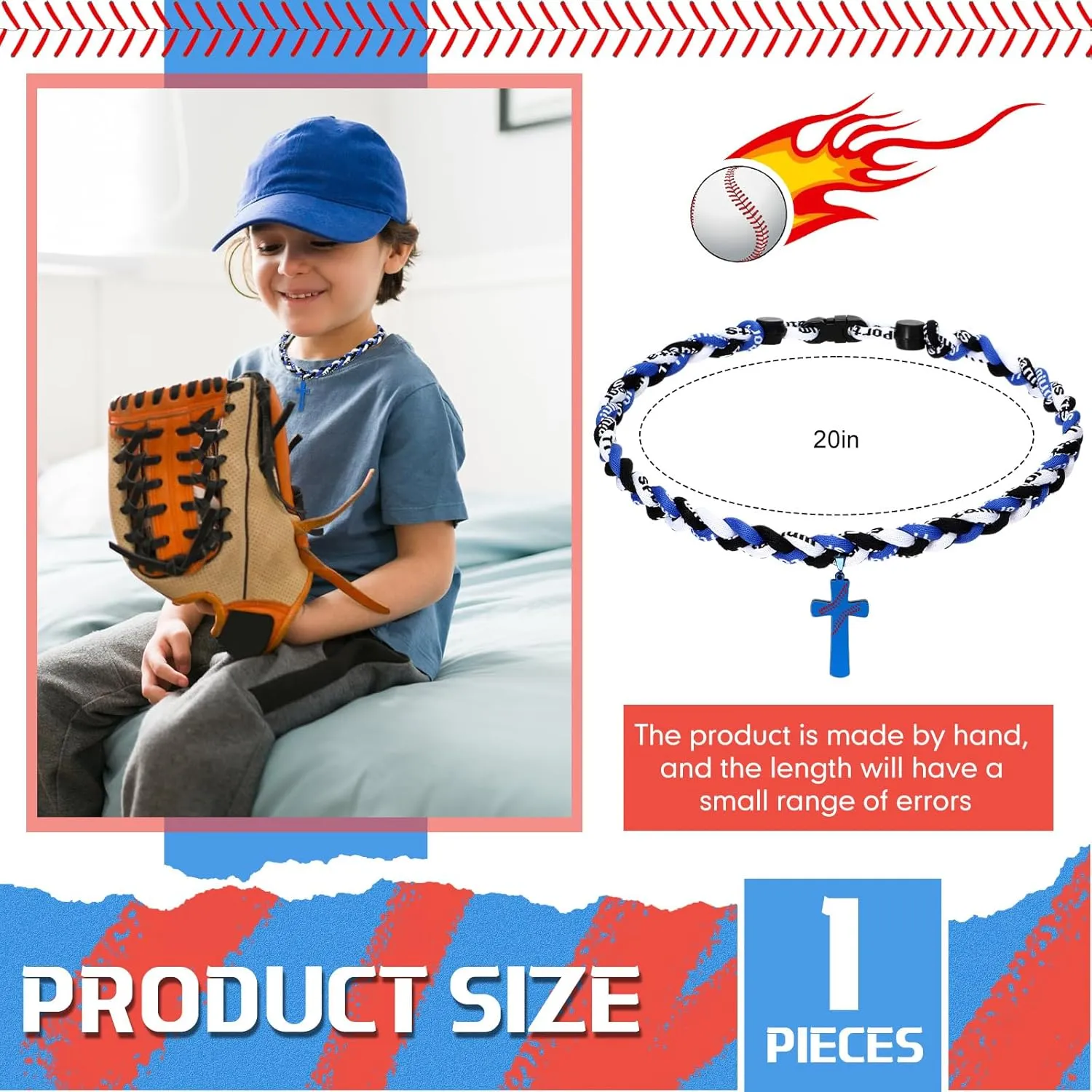 Glenmal 2 Rope Baseball Cross Necklace Boys Baseball Titanium Necklace Stainless Steel Cross Pendant Sports Braided Tornado Baseball Necklace Gifts for Men Kids, 20 Inches