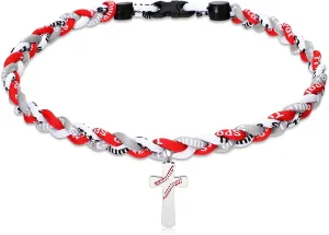 Glenmal 2 Rope Baseball Cross Necklace Boys Baseball Titanium Necklace Stainless Steel Cross Pendant Sports Braided Tornado Baseball Necklace Gifts for Men Kids, 20 Inches