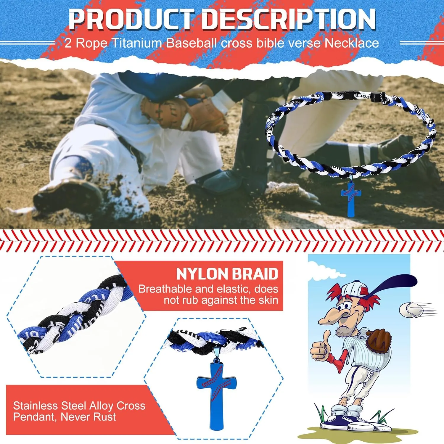 Glenmal 2 Rope Baseball Cross Necklace Boys Baseball Titanium Necklace Stainless Steel Cross Pendant Sports Braided Tornado Baseball Necklace Gifts for Men Kids, 20 Inches