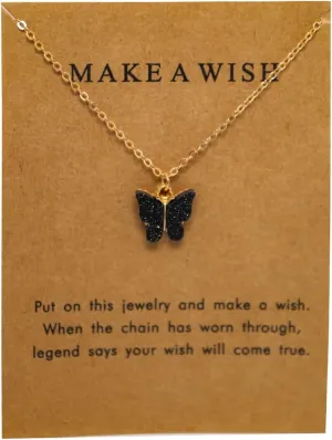 Glitter Butterfly Pendant Necklace Acrylic Bohemian Good Luck Make a Wish Pendant Chain Necklace with Message Card for Women Girl Teen Friend