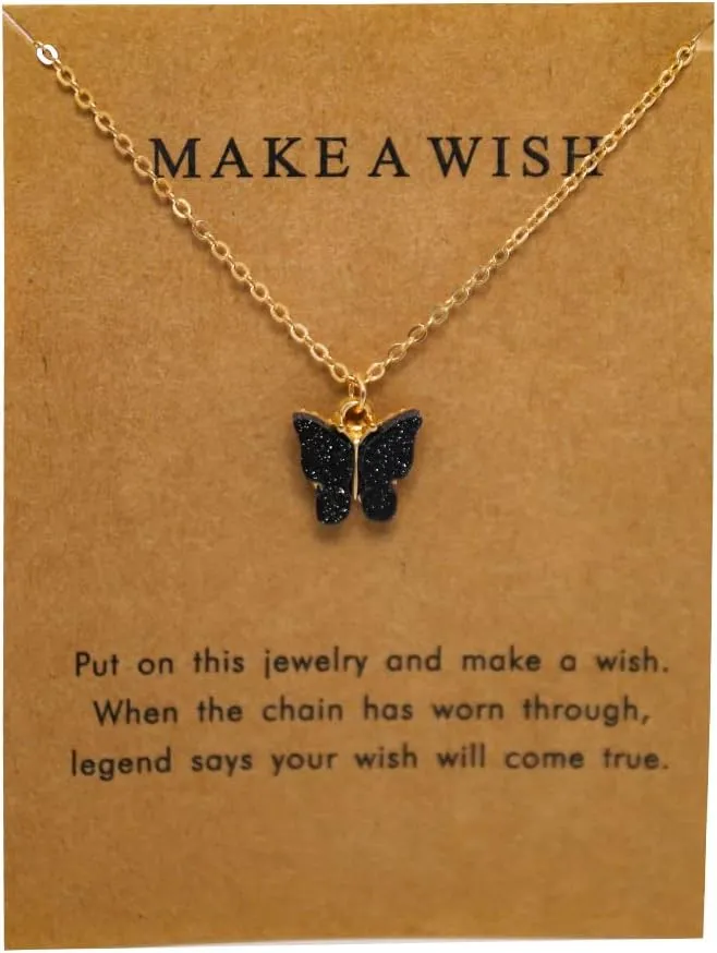 Glitter Butterfly Pendant Necklace Acrylic Bohemian Good Luck Make a Wish Pendant Chain Necklace with Message Card for Women Girl Teen Friend