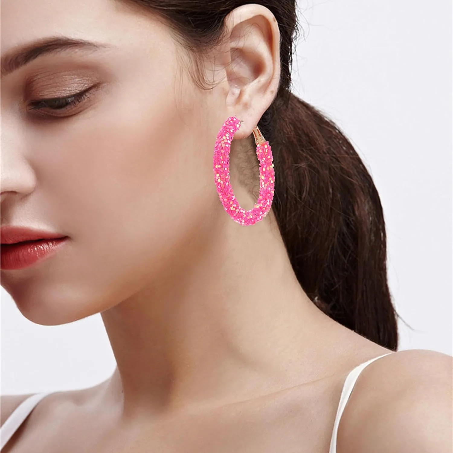 Glitter Hoop Earrings Bohemian Sparkle Resin Rhinestone Wrapped Hoop Dangle Earrings for Women