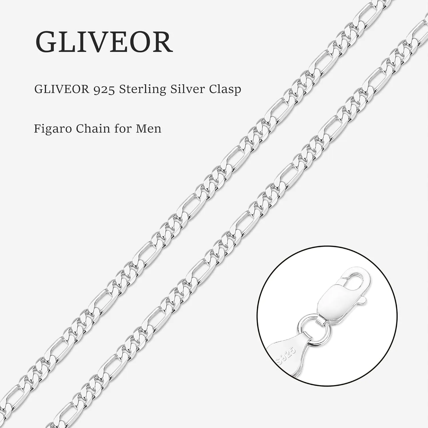 GLIVEOR 925 Sterling Silver Clasp 4mm Figaro Chain for Men Women Diamond Cut Chain Necklace 16, 18, 20, 22, 24, 26, 30 Inches