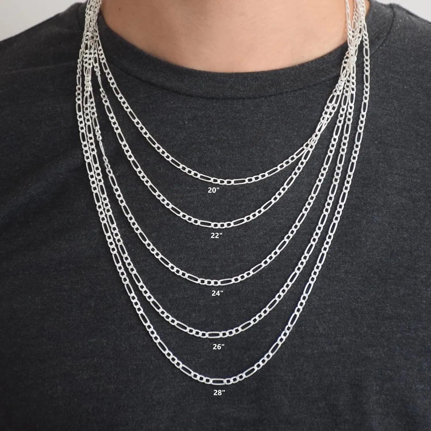 GLIVEOR 925 Sterling Silver Clasp 4mm Figaro Chain for Men Women Diamond Cut Chain Necklace 16, 18, 20, 22, 24, 26, 30 Inches