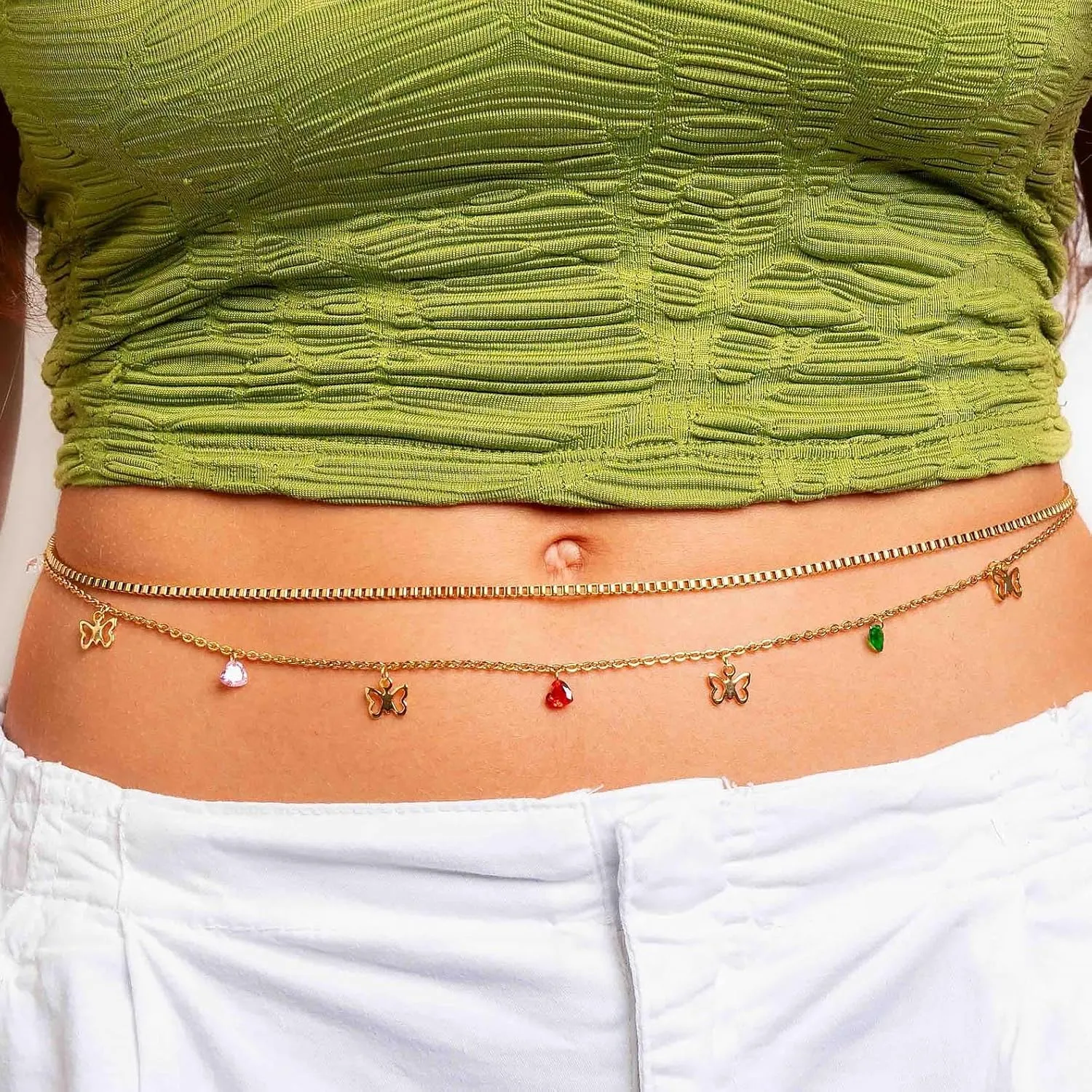 Gold Body Belly Chain for Women 14k Gold Waist Chains Boho Rhinestone Beach Adjustable Summer Belly Chain