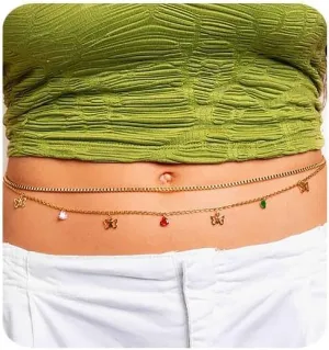 Gold Body Belly Chain for Women 14k Gold Waist Chains Boho Rhinestone Beach Adjustable Summer Belly Chain