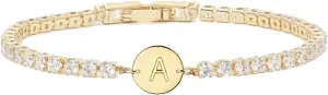 Gold Bracelets for Women Mothers Day Gifts 14K Gold Plated 3mm Cubic Zirconia Classic Tennis Bracelet Dainty Initial Bracelet Letter A-Z Charm for Women Trendy Jewelry Gifts