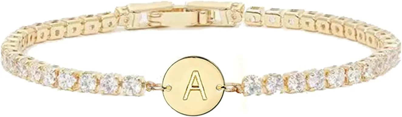Gold Bracelets for Women Mothers Day Gifts 14K Gold Plated 3mm Cubic Zirconia Classic Tennis Bracelet Dainty Initial Bracelet Letter A-Z Charm for Women Trendy Jewelry Gifts