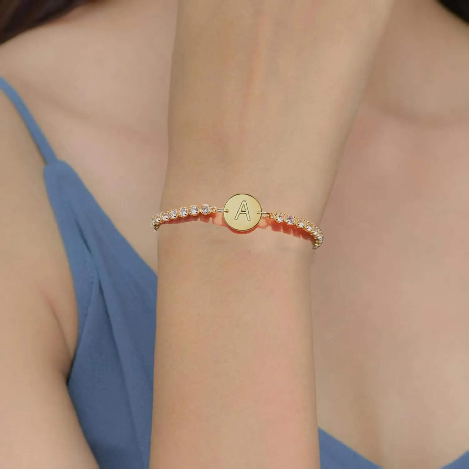 Gold Bracelets for Women Mothers Day Gifts 14K Gold Plated 3mm Cubic Zirconia Classic Tennis Bracelet Dainty Initial Bracelet Letter A-Z Charm for Women Trendy Jewelry Gifts