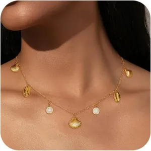 Gold Charm Necklace for Women,14k Gold Plated Waterproof Shell Pendant Necklace Summer Starfish Pearl Choker Necklaces for Women Trendy Paperclip Beach Seashell Sun Charm Necklace Jewelry