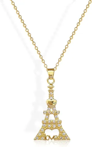 Gold Eiffel Tower Pendant Necklace with Zircon Crystals, 18 inches Chain Jewelry Gift