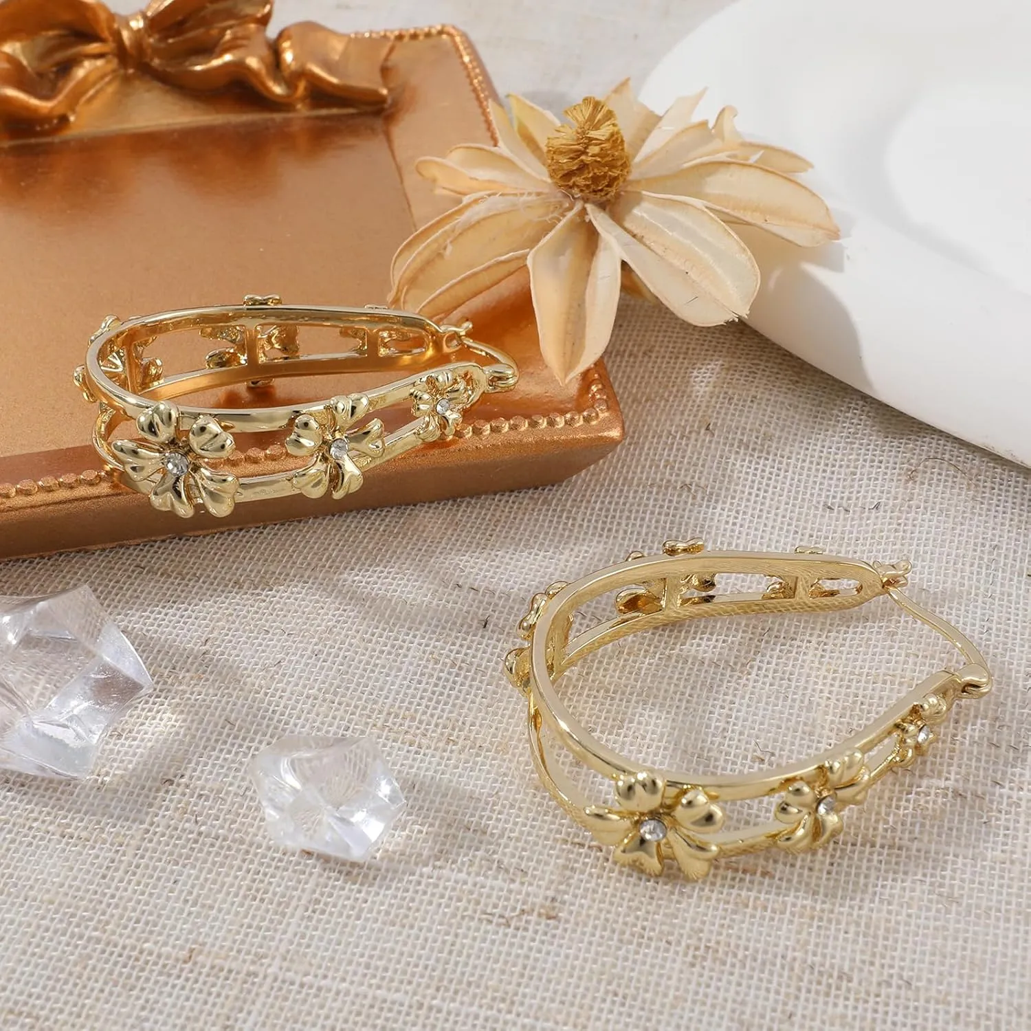 Gold Flower Hoop Earrings for Women 14K Gold Plated Flower Round Hoop Earrings Dangle Floral Statement Earrings Blossom Hoop Earrings Trendy Spring Summer Beach Party Fashion Jewelry Gift for Women