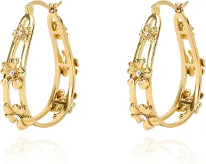Gold Flower Hoop Earrings for Women 14K Gold Plated Flower Round Hoop Earrings Dangle Floral Statement Earrings Blossom Hoop Earrings Trendy Spring Summer Beach Party Fashion Jewelry Gift for Women