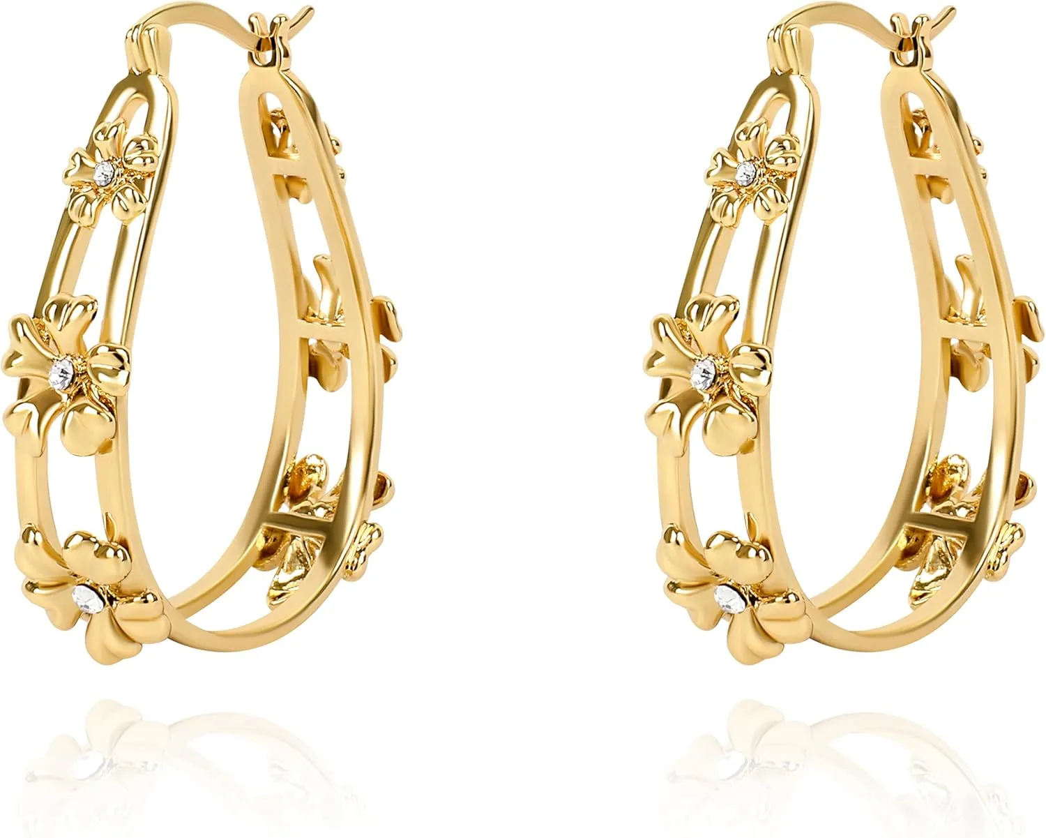 Gold Flower Hoop Earrings for Women 14K Gold Plated Flower Round Hoop Earrings Dangle Floral Statement Earrings Blossom Hoop Earrings Trendy Spring Summer Beach Party Fashion Jewelry Gift for Women