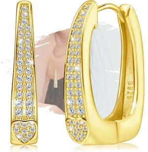 Gold Geometric Hoop Earrings for Women - Sterling Silver Geometric Chunky Earrings Hypoallergenic Cubic Zirconia Fashion Chunky Hoop Earrings for Sensitive Ears for Women