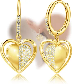 Gold Heart Dangle Hoop Earrings - Sterling Silver Cubic Zirconia Hypoallergenic Fashion Heart Shaped Dangle Hoop Earrings for Sensitive Ears for Women