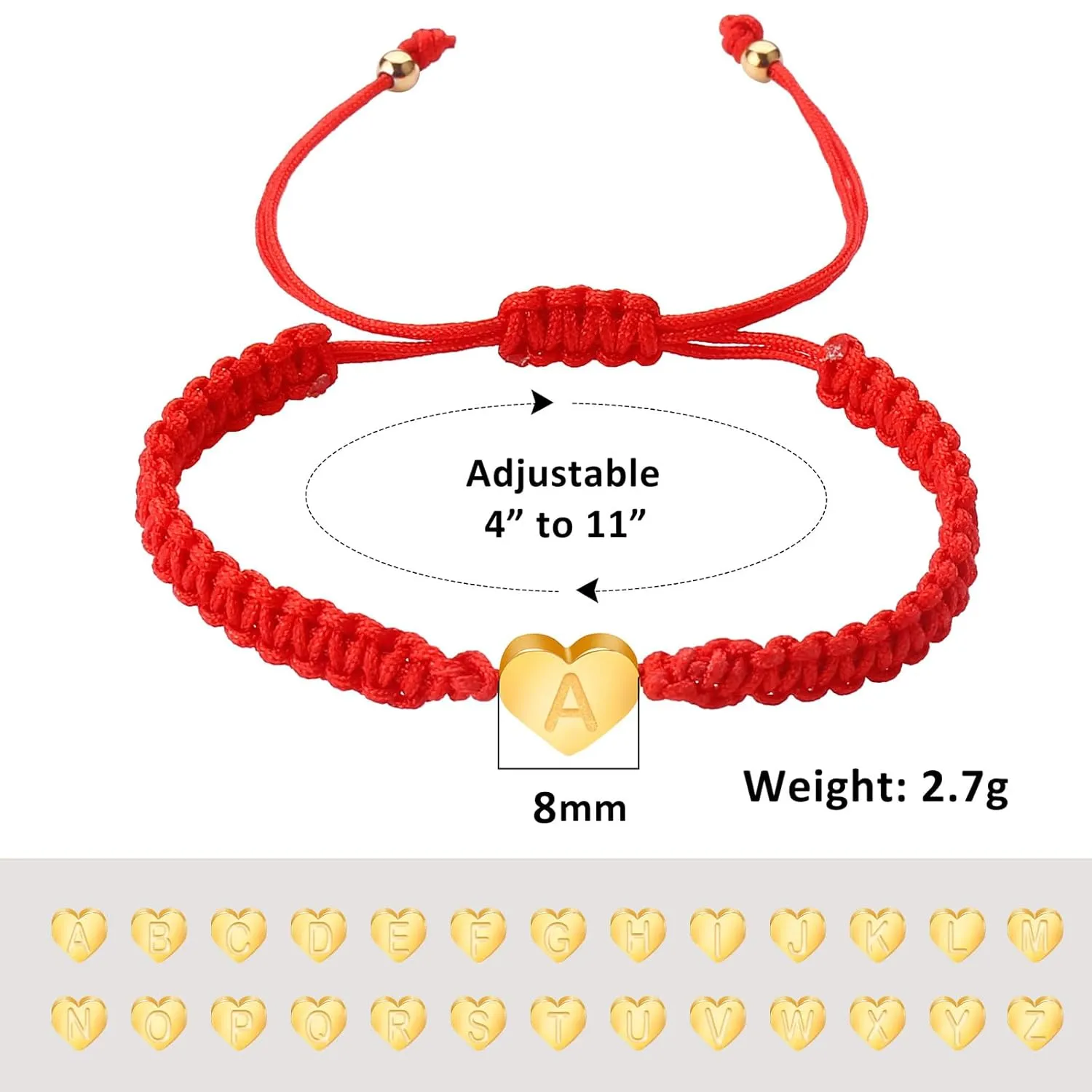 Gold Heart Initial Bracelets for Women Girls - 26 Letters Initial Charm Bracelet Handmade Black Red Rope Braided Adjustable Jewelry for Mom Daughter Best Friend Birthday Gift (S-Red)
