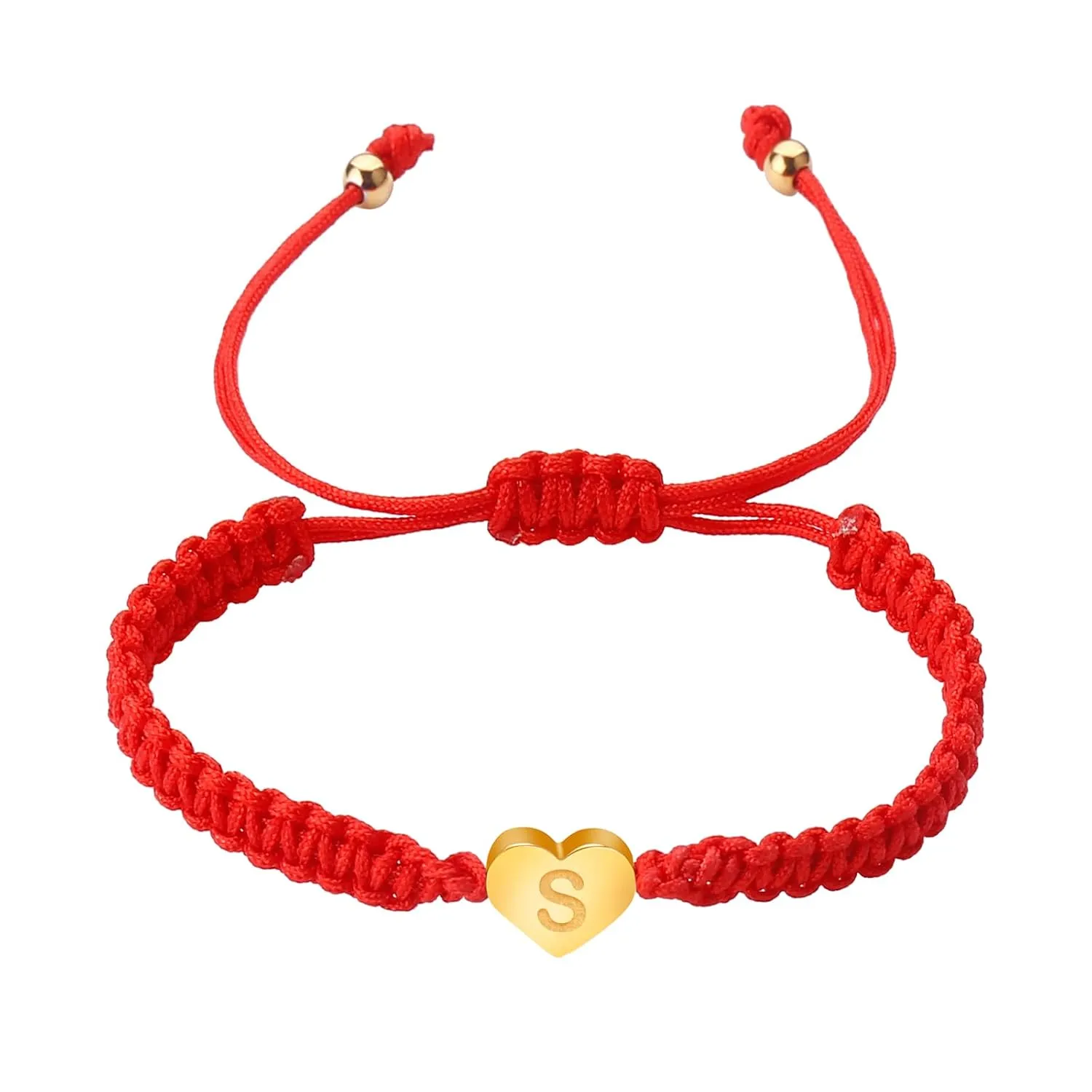 Gold Heart Initial Bracelets for Women Girls - 26 Letters Initial Charm Bracelet Handmade Black Red Rope Braided Adjustable Jewelry for Mom Daughter Best Friend Birthday Gift (S-Red)