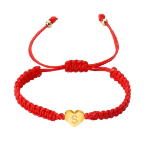 Gold Heart Initial Bracelets for Women Girls - 26 Letters Initial Charm Bracelet Handmade Black Red Rope Braided Adjustable Jewelry for Mom Daughter Best Friend Birthday Gift (S-Red)
