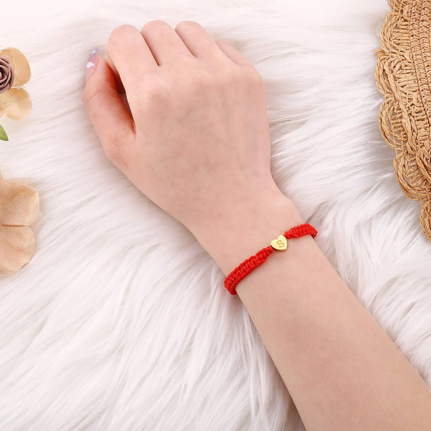 Gold Heart Initial Bracelets for Women Girls - 26 Letters Initial Charm Bracelet Handmade Black Red Rope Braided Adjustable Jewelry for Mom Daughter Best Friend Birthday Gift (S-Red)