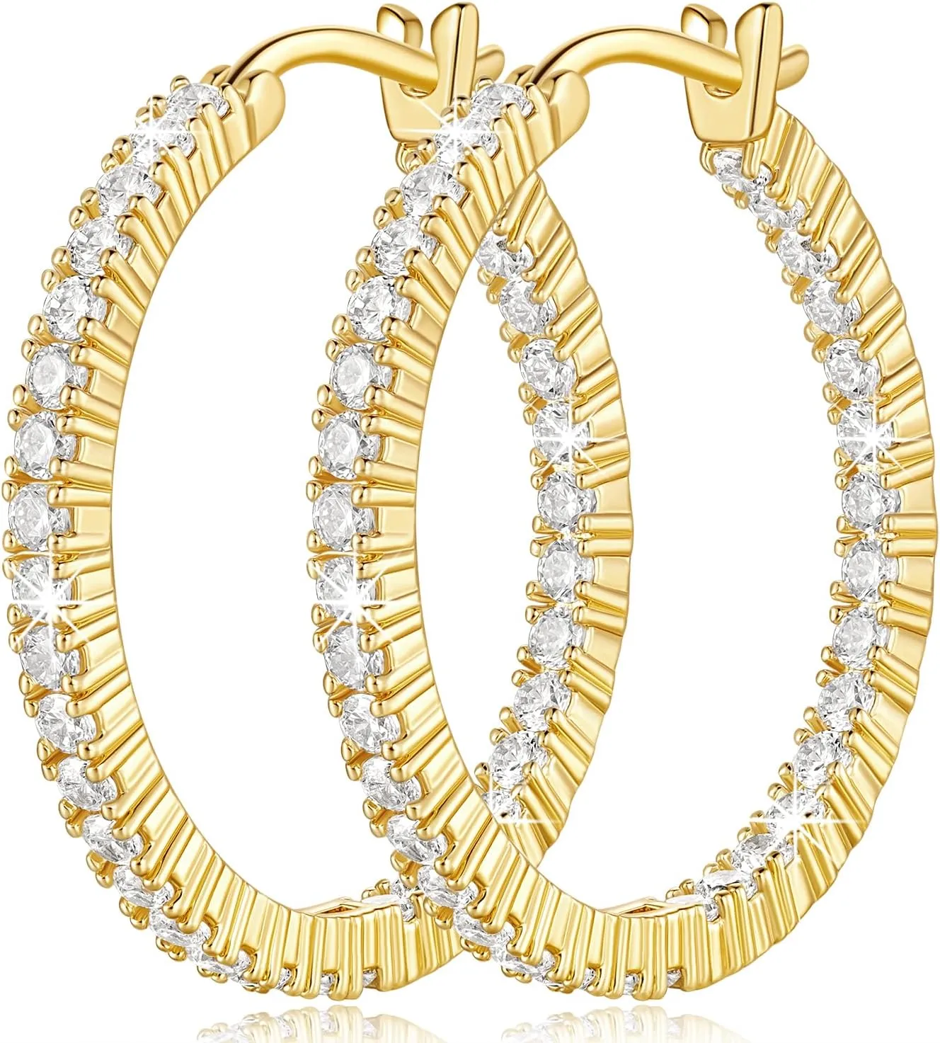 Gold Hoop Earrings 14K Gold Hoop Earrings for Women Lightweight 14 Karat Hoops Earring Dual-sided Cubic Zirconia Womens Earring Hoops 20/30mm