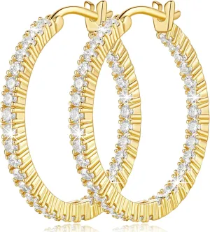 Gold Hoop Earrings 14K Gold Hoop Earrings for Women Lightweight 14 Karat Hoops Earring Dual-sided Cubic Zirconia Womens Earring Hoops 20/30mm