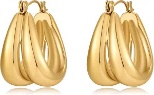 Gold Hoop Earrings for Women 18K Gold Plated Hypoallergenic Stainless Steel Chunky Dual -Hoop Earrings Jewelry with Elegant Presentation Box