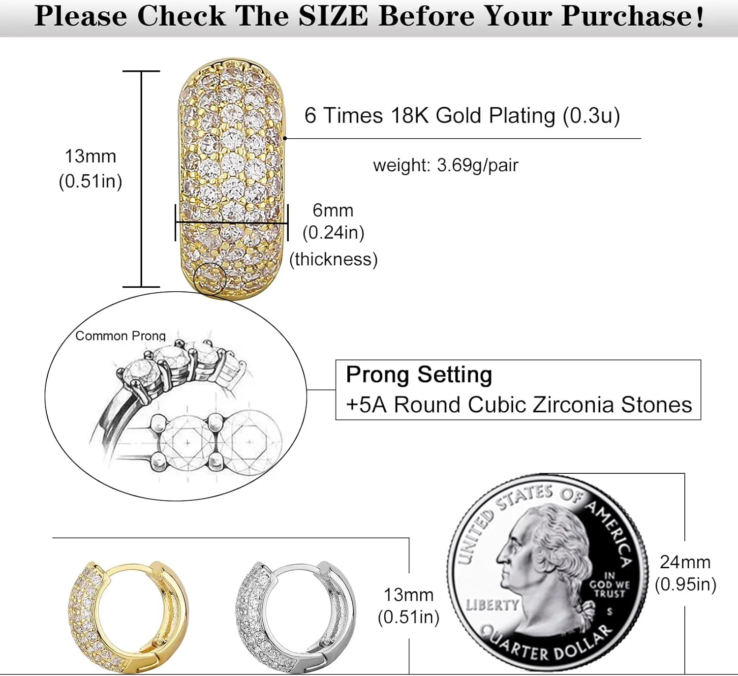 Gold Hoop Earrings for Women 18K Gold Plated Iced Out Silver Huggie Earrings for Men Hypoallergenic CZ Diamond Earrings