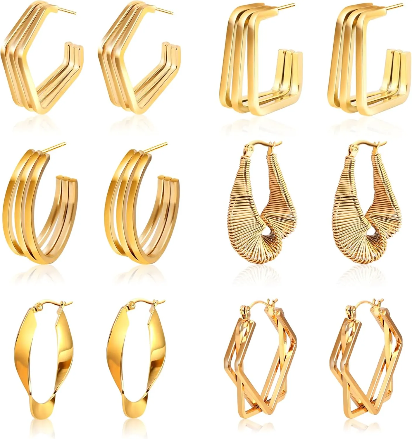 Gold Hoop Earrings Set for Women, 6 Pairs 9 Pairs 18K Gold Earrings Hypoallergenic Hoop Earrings Lightweight Twisted Huggie Earring Hoops for Gift