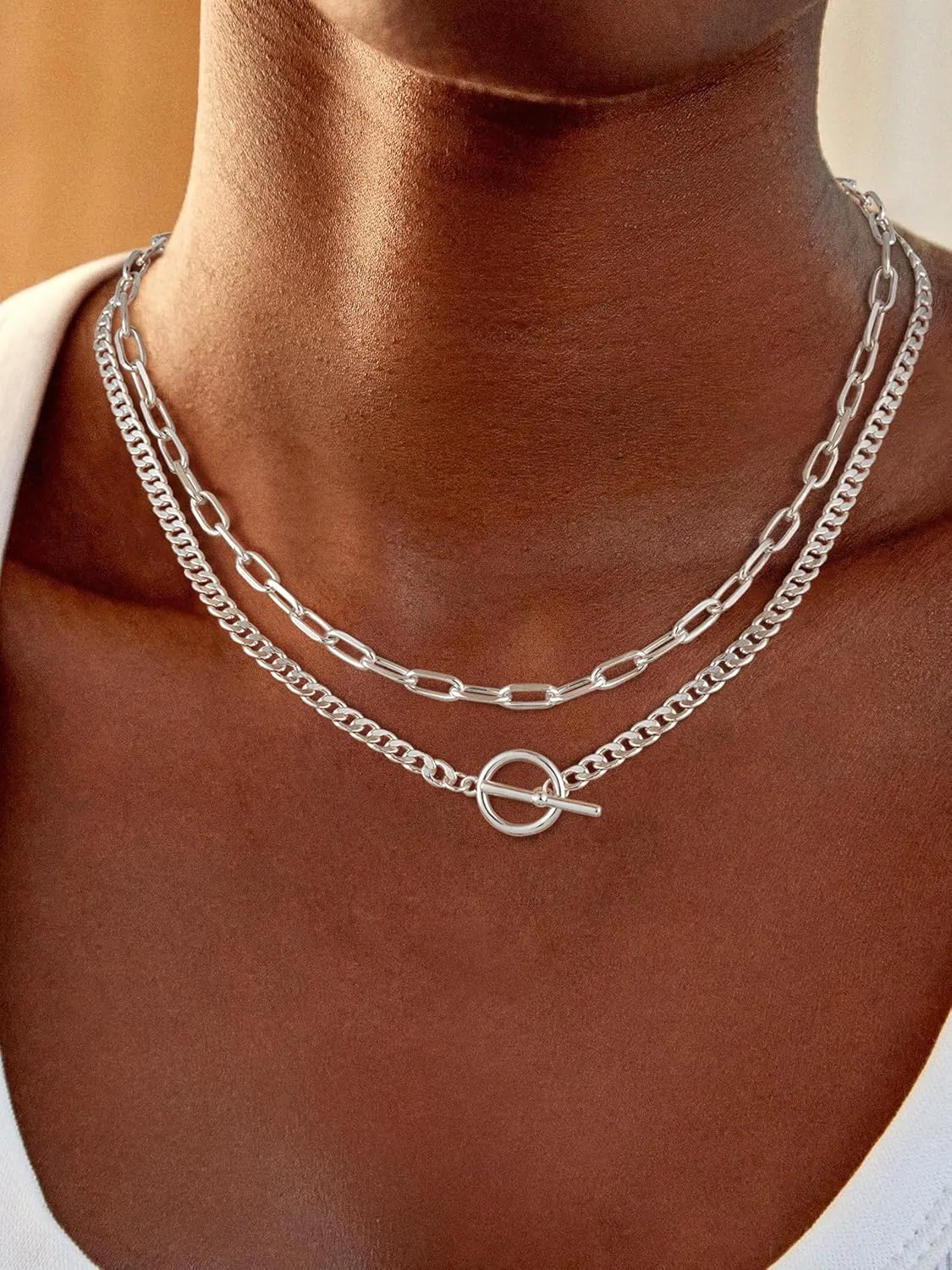 Gold Necklace for Women, 14K Dainty Gold/Silver Layered Chunky Paperclip Chain Necklace Non Tarnish Toggle Clasp Necklaces Stacks Cuban Link Chain Fashion Chunky Jewelry for Women