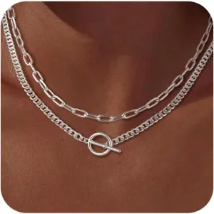 Gold Necklace for Women, 14K Dainty Gold/Silver Layered Chunky Paperclip Chain Necklace Non Tarnish Toggle Clasp Necklaces Stacks Cuban Link Chain Fashion Chunky Jewelry for Women