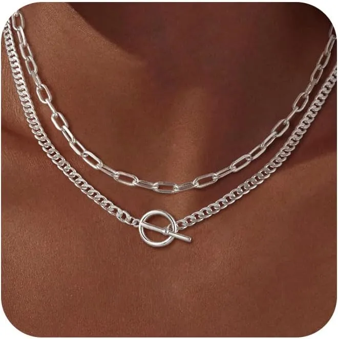 Gold Necklace for Women, 14K Dainty Gold/Silver Layered Chunky Paperclip Chain Necklace Non Tarnish Toggle Clasp Necklaces Stacks Cuban Link Chain Fashion Chunky Jewelry for Women