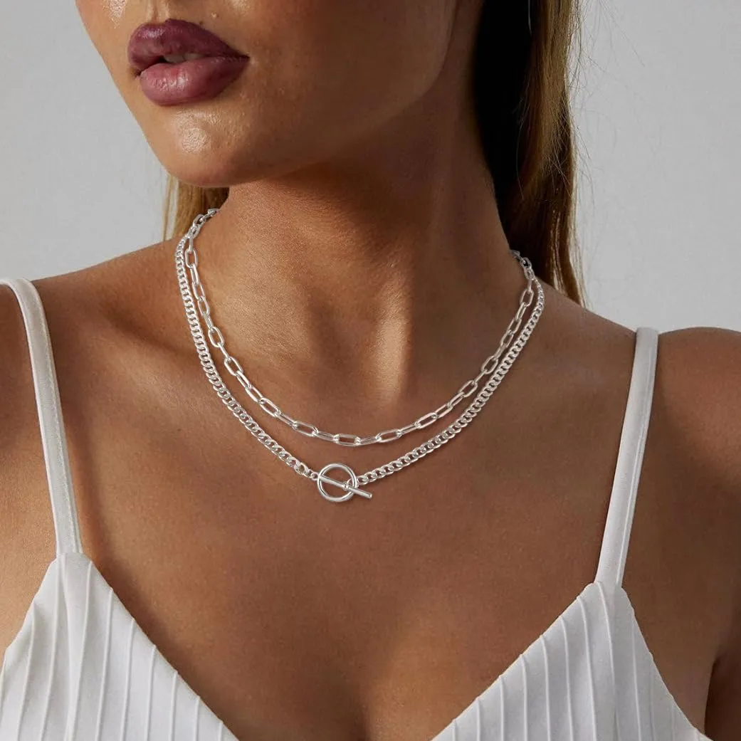 Gold Necklace for Women, 14K Dainty Gold/Silver Layered Chunky Paperclip Chain Necklace Non Tarnish Toggle Clasp Necklaces Stacks Cuban Link Chain Fashion Chunky Jewelry for Women