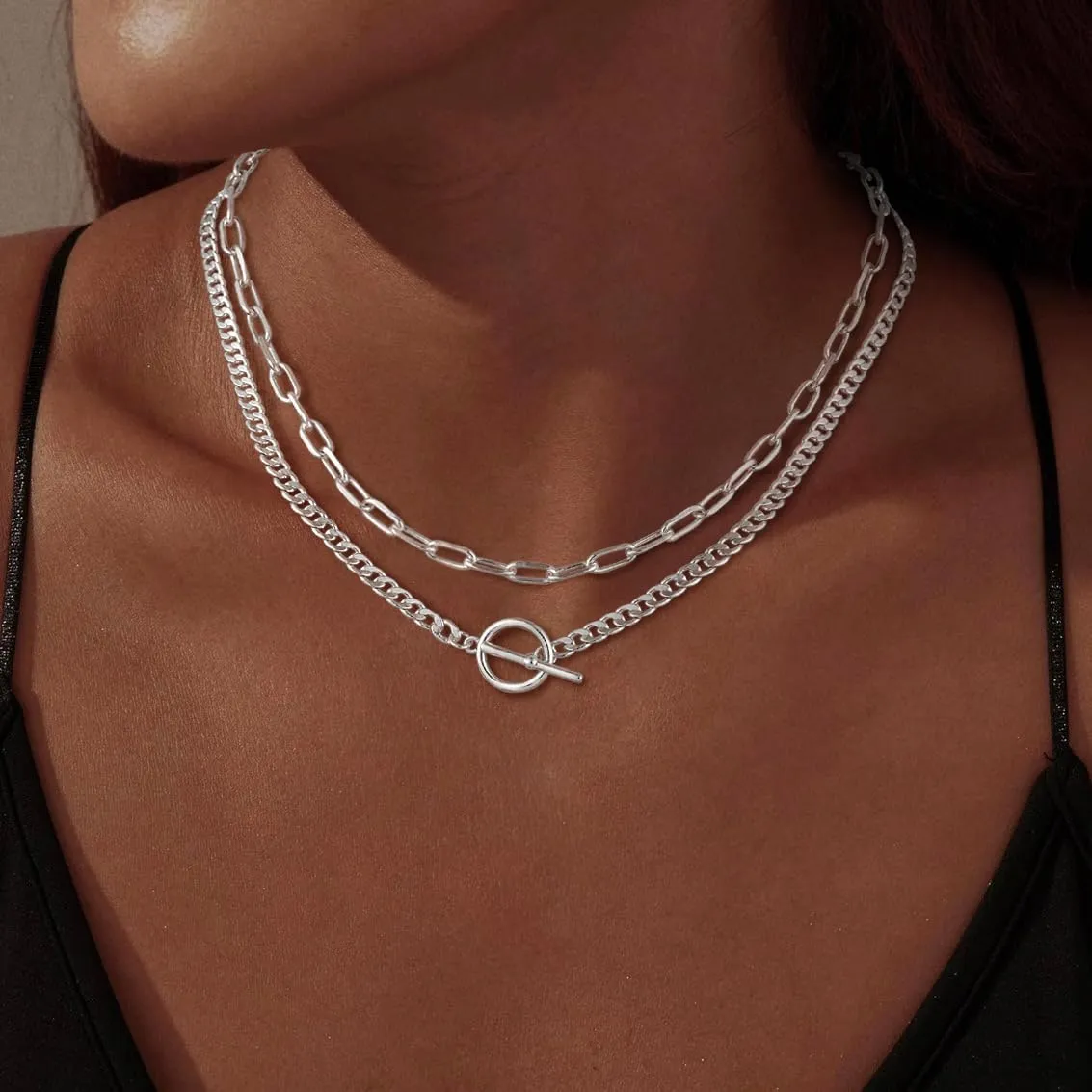Gold Necklace for Women, 14K Dainty Gold/Silver Layered Chunky Paperclip Chain Necklace Non Tarnish Toggle Clasp Necklaces Stacks Cuban Link Chain Fashion Chunky Jewelry for Women