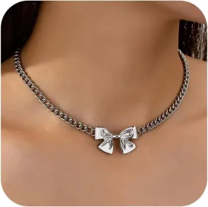 Gold Necklace for Women 18K Gold Plated Bow Necklace for Women Bow Pendant Choker Cuban Link Chain Charm Necklace Jewelry Gift